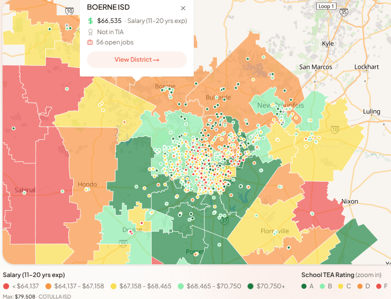 Map preview of San Antonio school districts colored by teacher salary, with school TEA ratings and district details